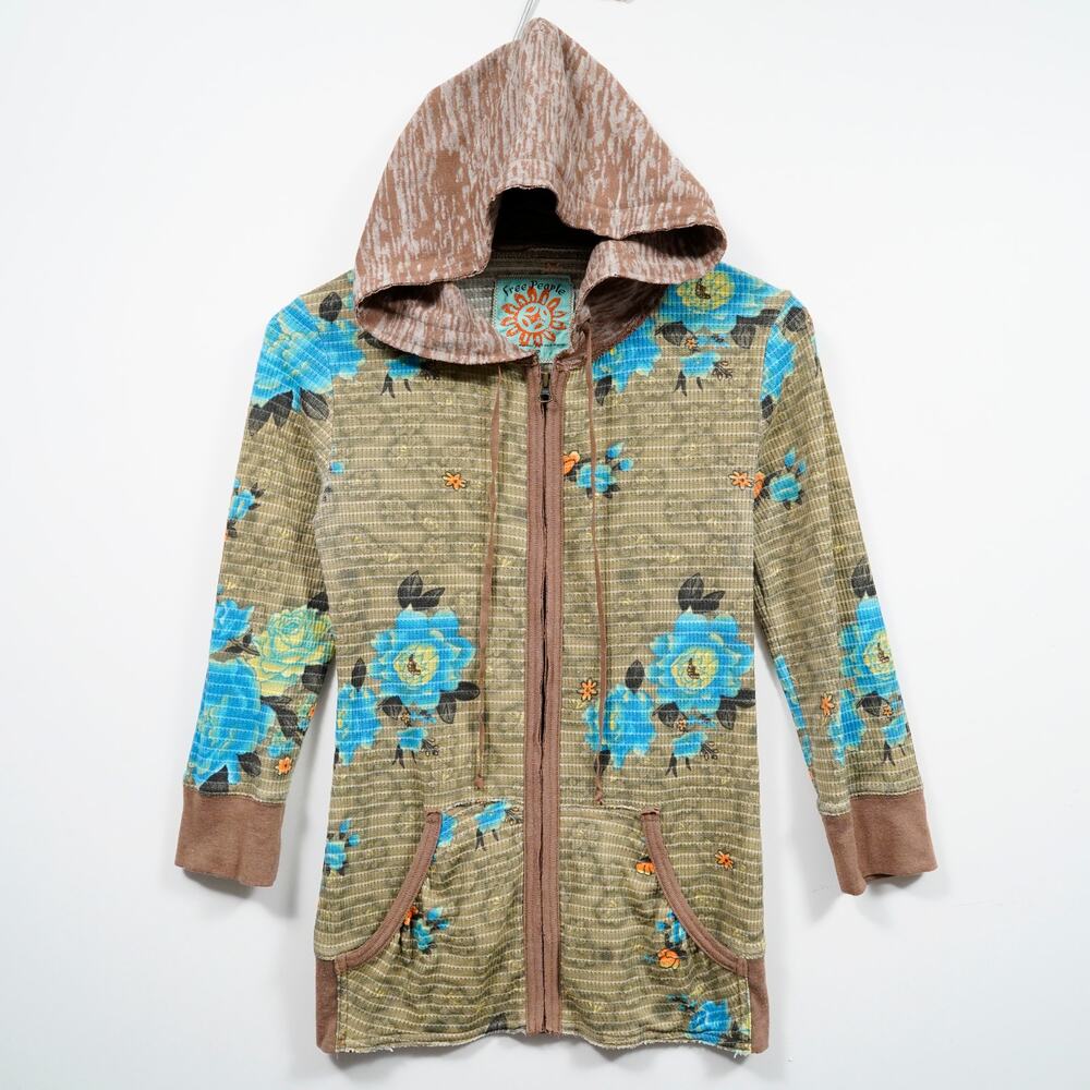 Free People Floral Waffle Knit Zip-Up Hoodie Boho Stretch Size S